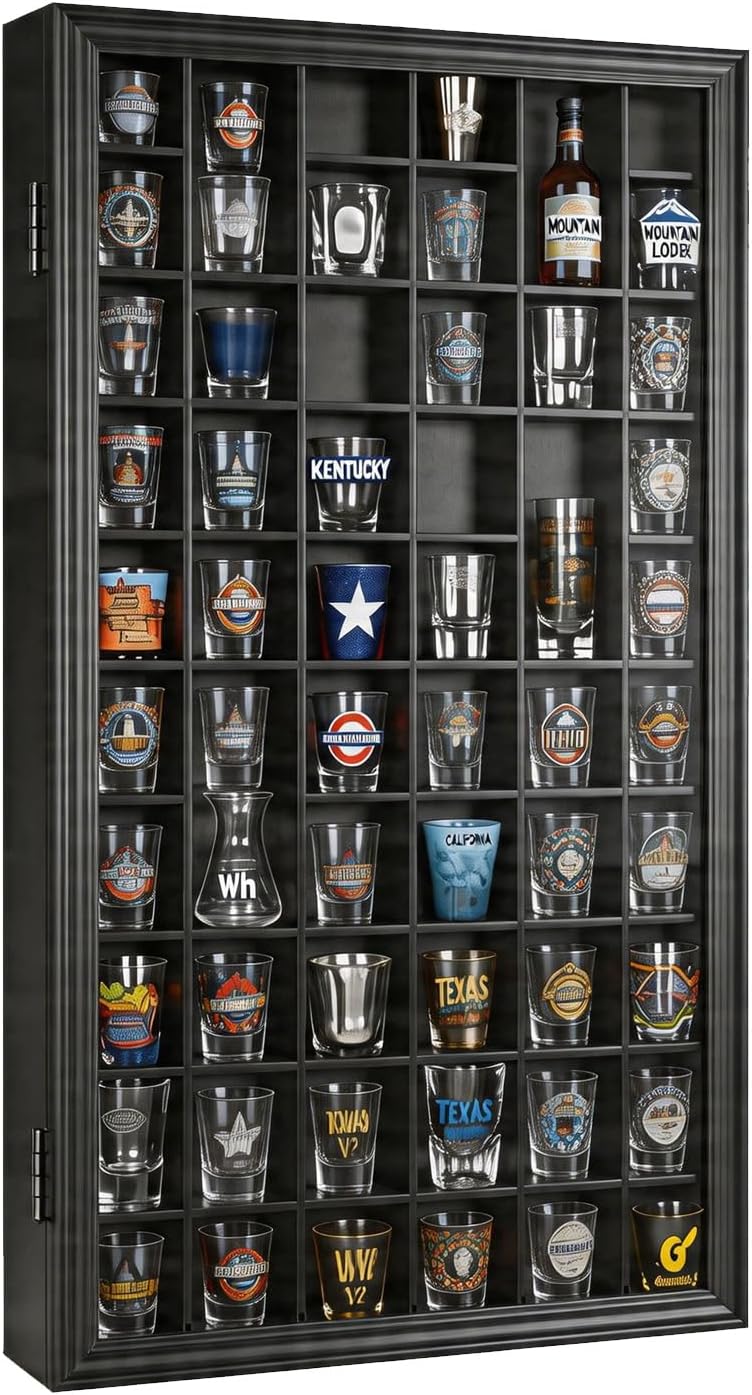 Shot Glass Display Case 17"x32" 52 Slots, Lockable Wooden Wall Mounted Shadow Box Cabinet with UV Protection Acrylic Door, Removable Shelves Shot Glass Storage Organizer for Collectibles