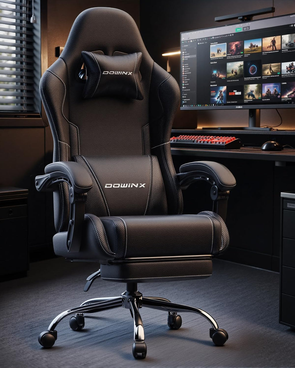 Dowinx Ergonomic Gaming Chair with Footrest & Massage Lumbar, 2D-Linkage Armrests for Computer Chair 330lbs with Headrest Pillow for Office, Home, Streaming and Long Gaming Sessions, Black