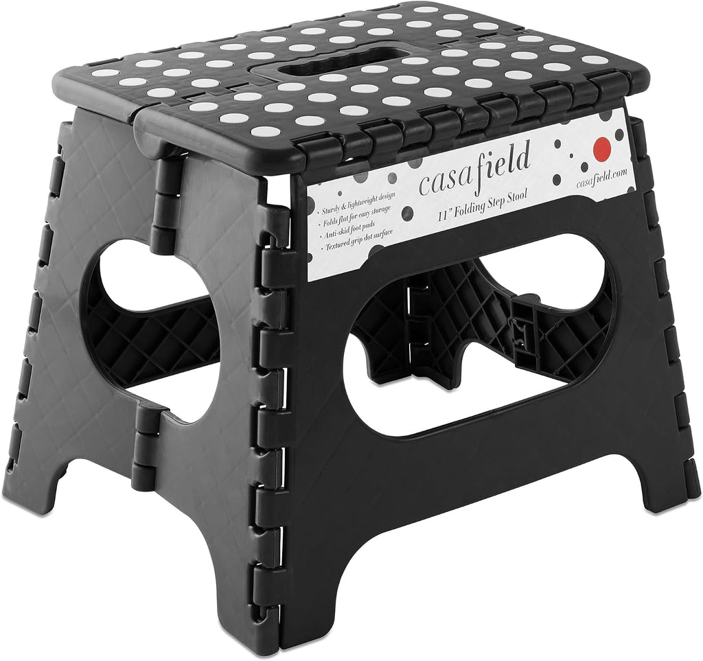 Casafield 11" Folding Step Stool with Handle, Black - Portable Collapsible Small Plastic Foot Stool for Kids and Adults - Use in the Kitchen, Bathroom and Bedroom