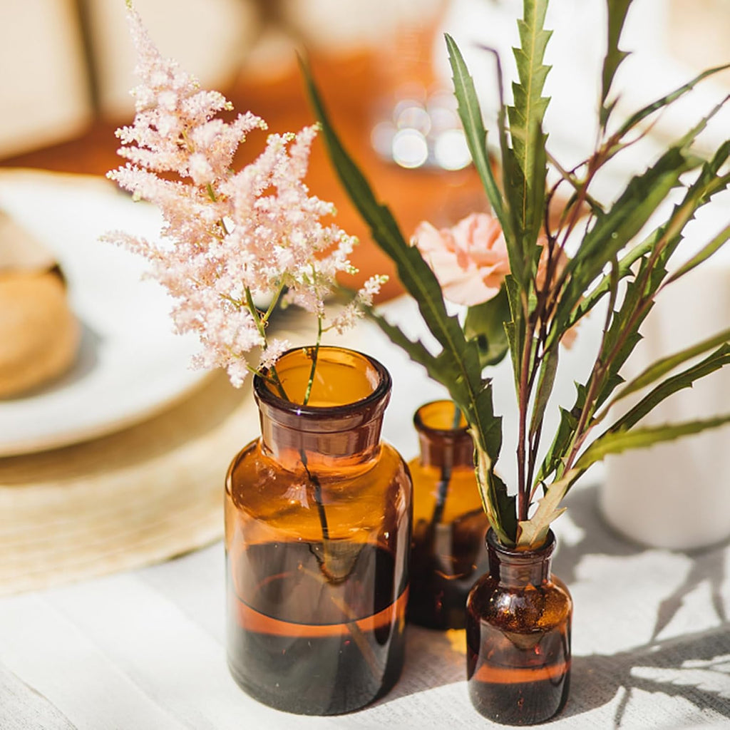TOPZEA Set of 16 Amber Glass Bud Vases, 8.5 oz Small Brown Bud Vase Bulk Boho Glass Vase Decorative Medicine Bottle Vintage Apothecary Jar for Flower, Wedding Reception, Table Centerpieces, Home Decor