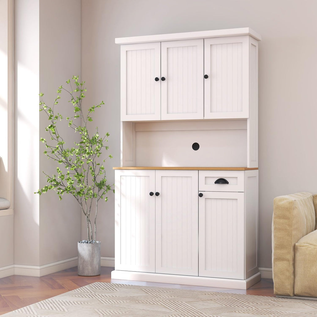 71'' Tall Kitchen Pantry Storage Cabinet with Storage, Kitchen Hutch Cabinets with Microwave Countertop, Kitchen Cupboard with Adjustable Shelves, Doors and Drawer (White A)