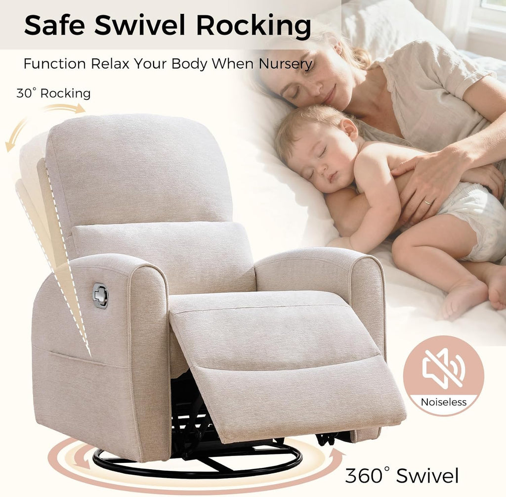 Swivel Rocker Recliner, Manual Swivel Glider Nursery Recliner Chair with Adjustable Headrest and Lumbar Support, Rocking Recling Chairs for Small Space, Living Room, Bedroom, Chenille Camel