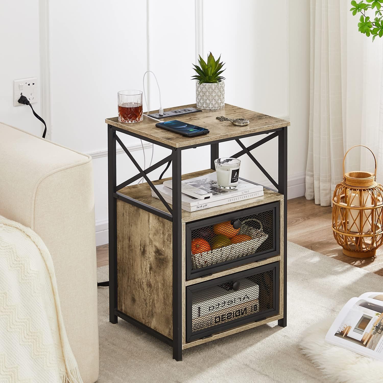 VECELO Dust Grey End Table with USB Ports and Outlets,24 Inch Nightstands with Charging Station and Storage Shelf for Bedroom,Living Room, 1 Set