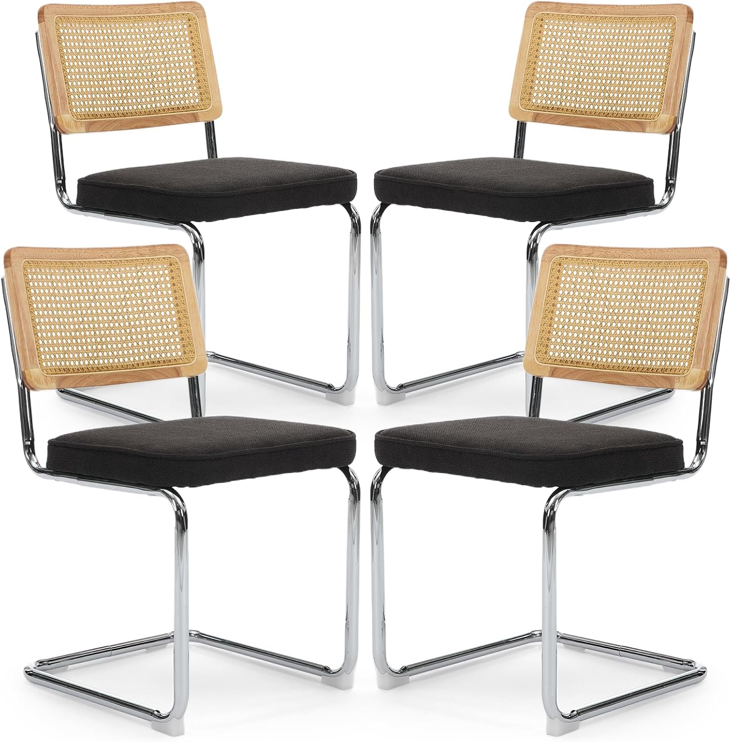Rattan Back Linen Dining Chair Set of 4 Modern Breuer Designed Stainless Chrome Base Armless Upholstered Dining Chair for Dining Room, Kitchen Island(Black)