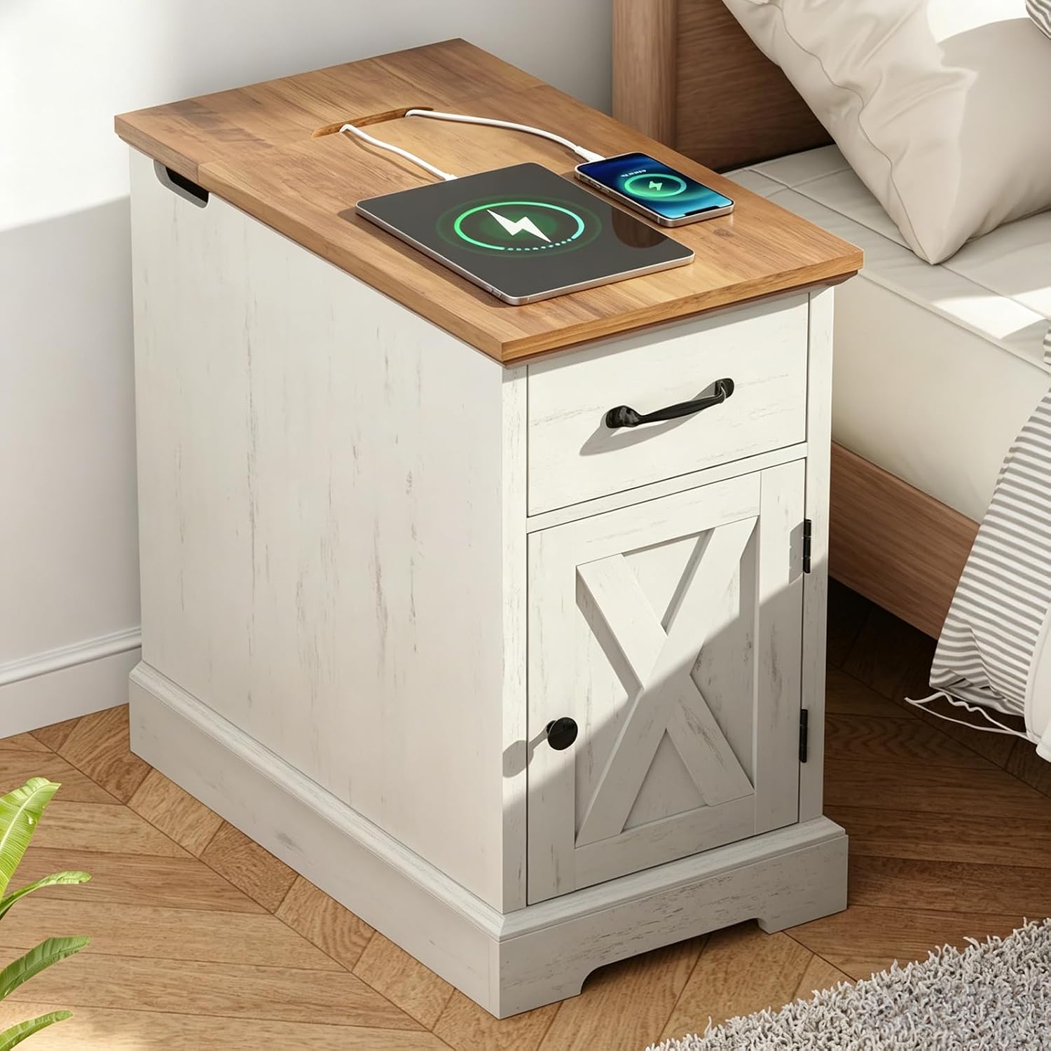 HOMMPA 23.6'' Farmhouse Narrow End Table w/Charging Station Rustic White