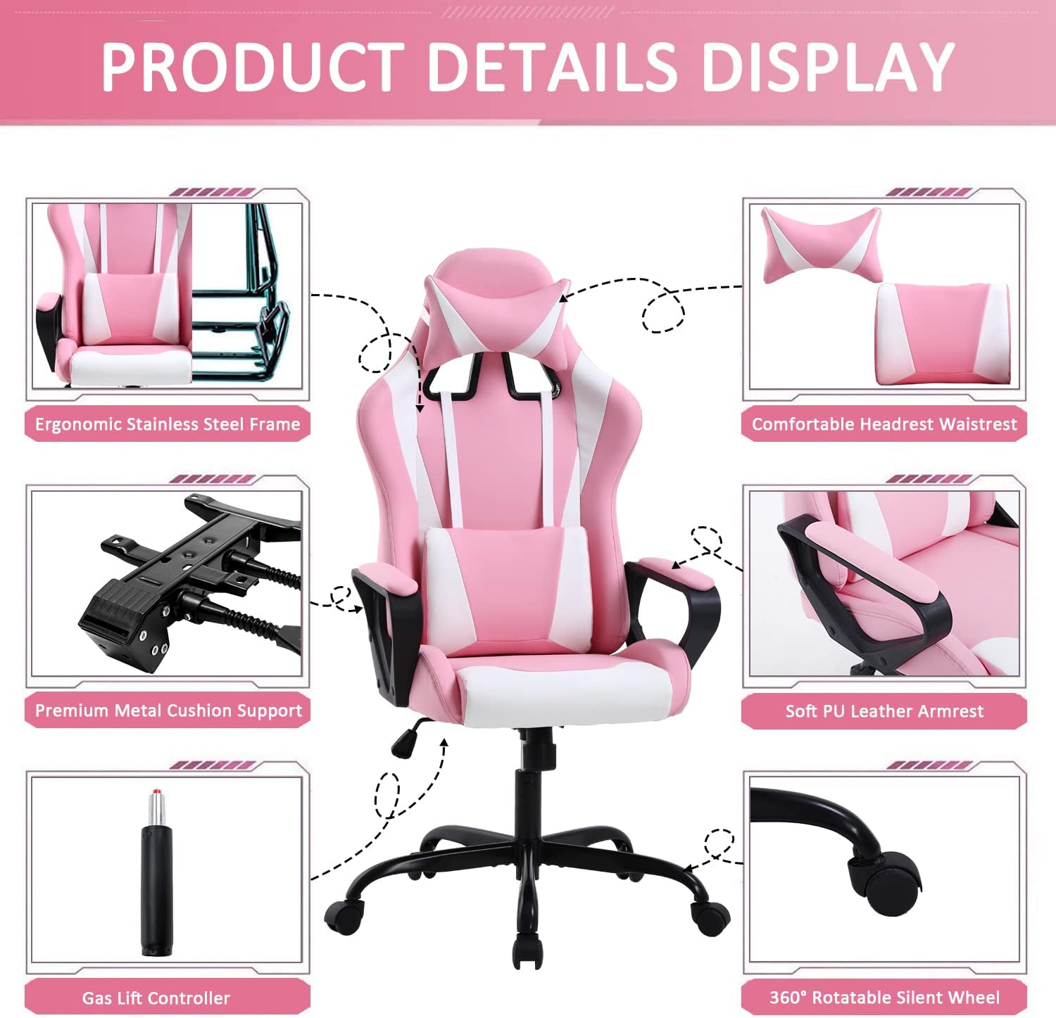 High Back Ergonomic Leather Office Chair - Adjustable Swivel Desk Chair with Lumbar Support and Headrest for Back Pain - Adults & Teens (Pink)