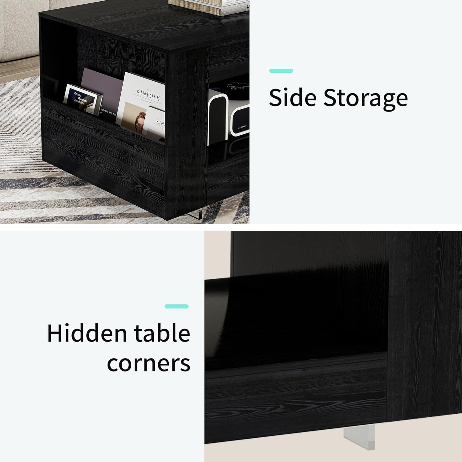 Coffee Table with Storage, 39" Small Center Table with Transparent Legs and Sides Storage, Minimalist Modern 2-Tier Coffee Tables for Living Room, Home Office, Apartment, Black Wood Grain
