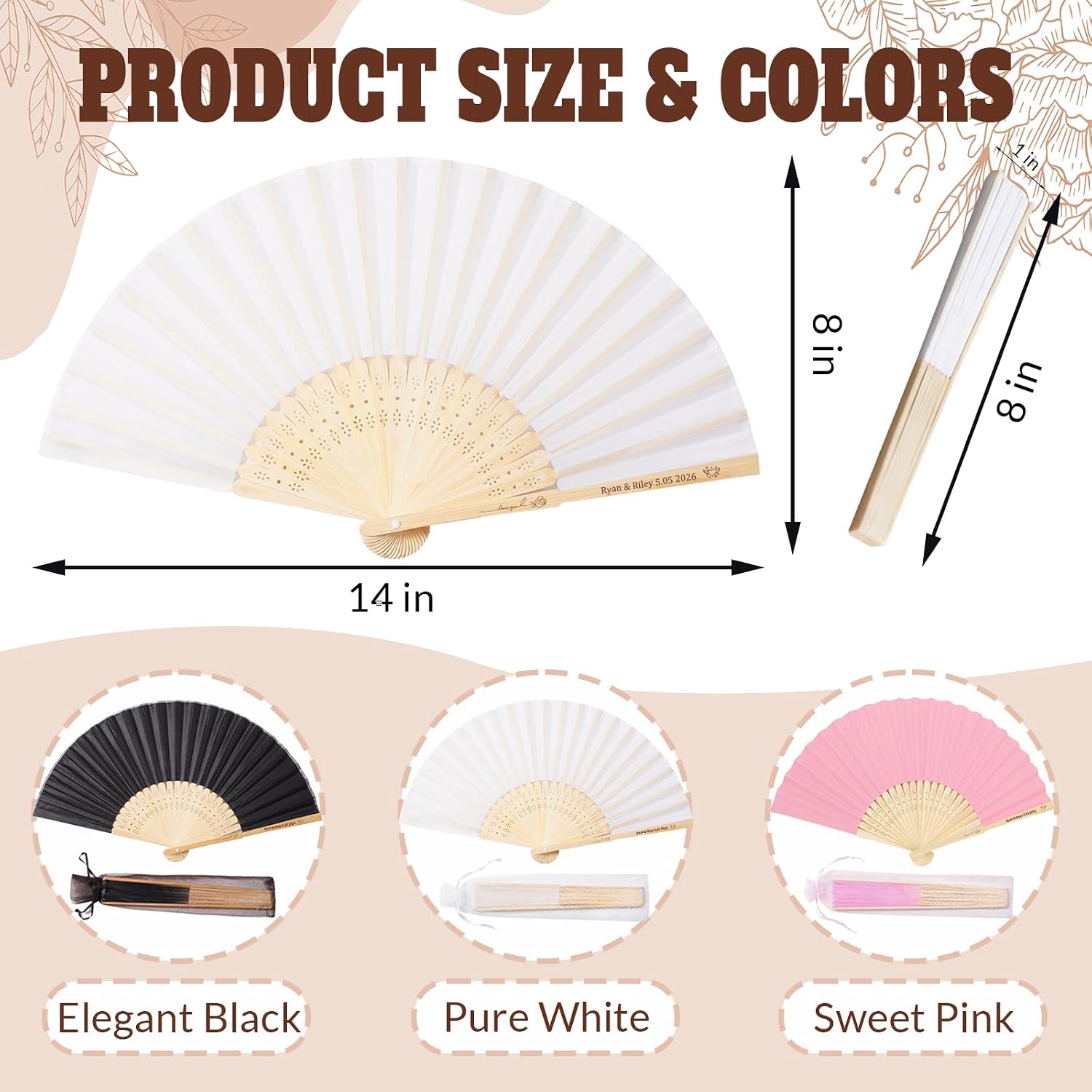 HJX Personalized Wedding Fans for Guests Custom Engraved Bulk Silk Folding Fans Favors for Party