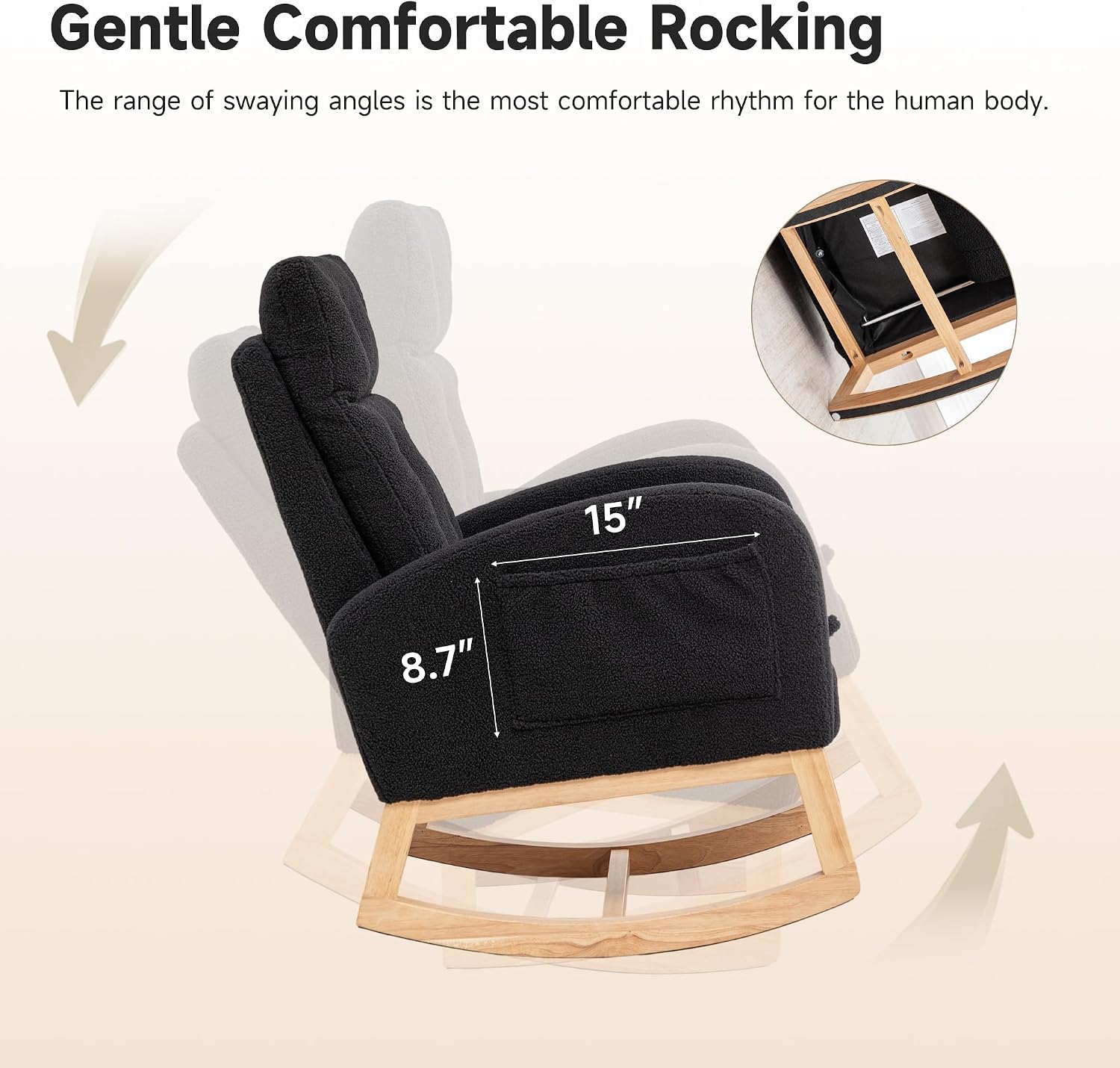 MINCETA Nursery Rocking Chair with Retractable Footrest, Teddy Fabric Upholstered Glider Rocker with High Backrest, Modern Accent Chair with Solid Wood Legs for Baby Room Living Room, Black
