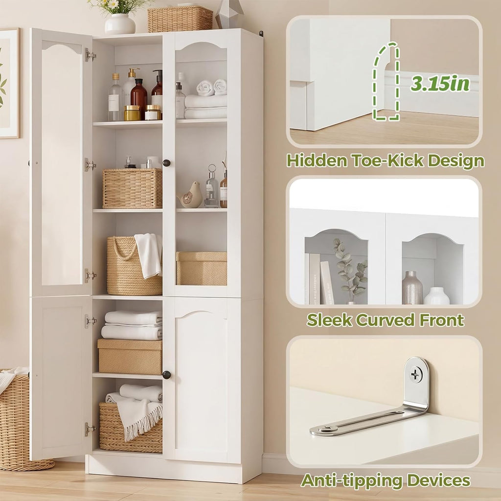 Cyclysio 80" Tall Pantry Cabinet with 4 Doors, White Kitchen Pantry Storage Cabinet with Built-in Baseboard Notch & Adjustable Shelves – Kitchen Storage Cabinet for Dining, Living Room, Office