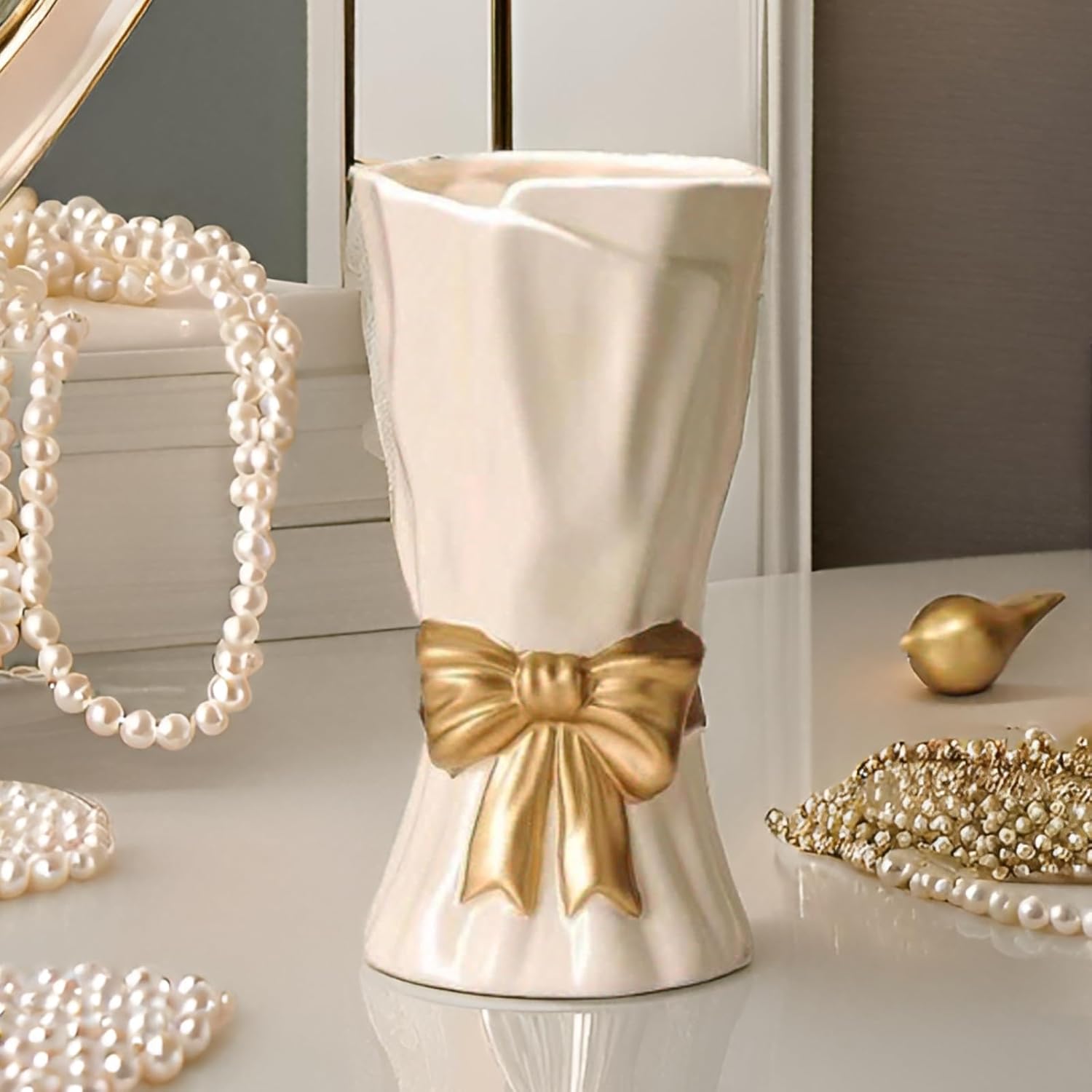 Bow Vase, White Flower Vase for Home Decor, White Ceramic Vases for Boho Style, 9.3 Inch Large Vases for Ideal Shelf/Table/Living Room Decor, Mother‘s Day Gifts