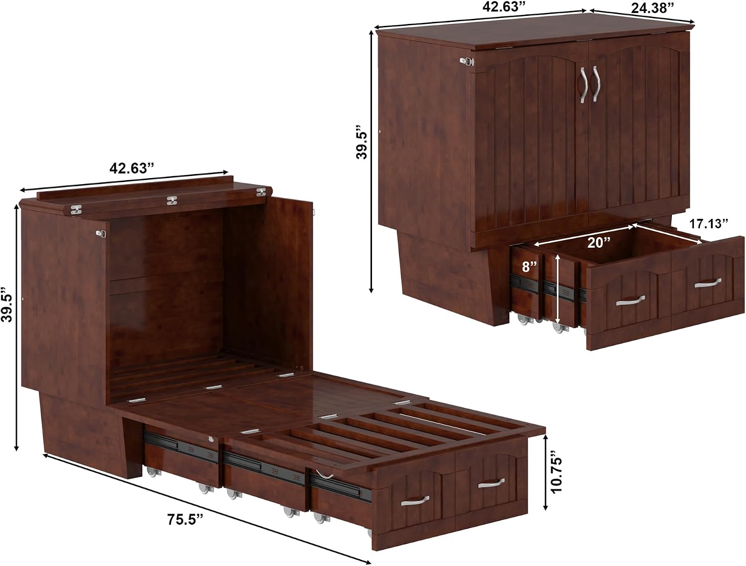 AFI, Sydney Twin Wood Murphy Bed Chest with 6" Mattress, Storage Drawer & Built-in USB Charger, Walnut