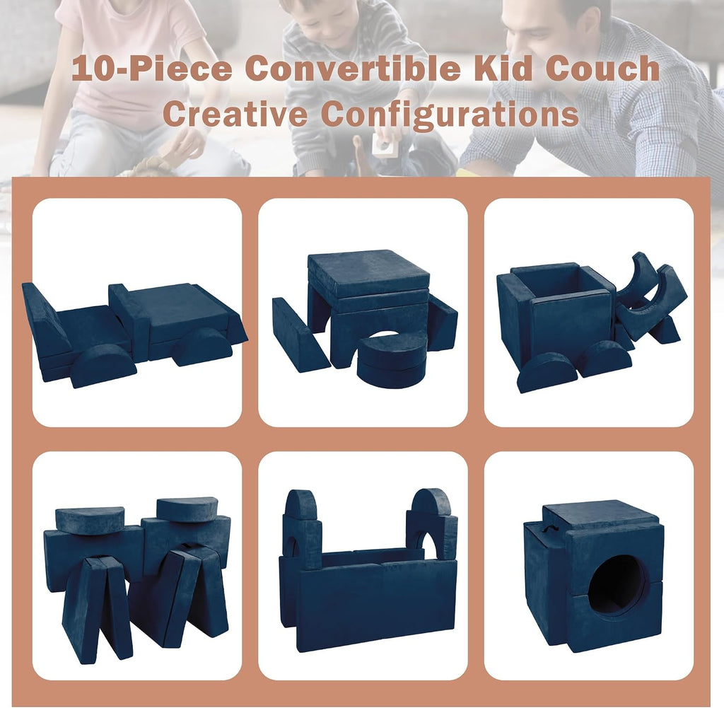Betterhood Modular Kids Play Couch, 10PCS Child Sectional Sofa Imaginative Furniture Play Set for Creative Kids, Toddler to Teen Bedroom Furniture, Girls and Boys Playroom Convertible Sofa, Blue