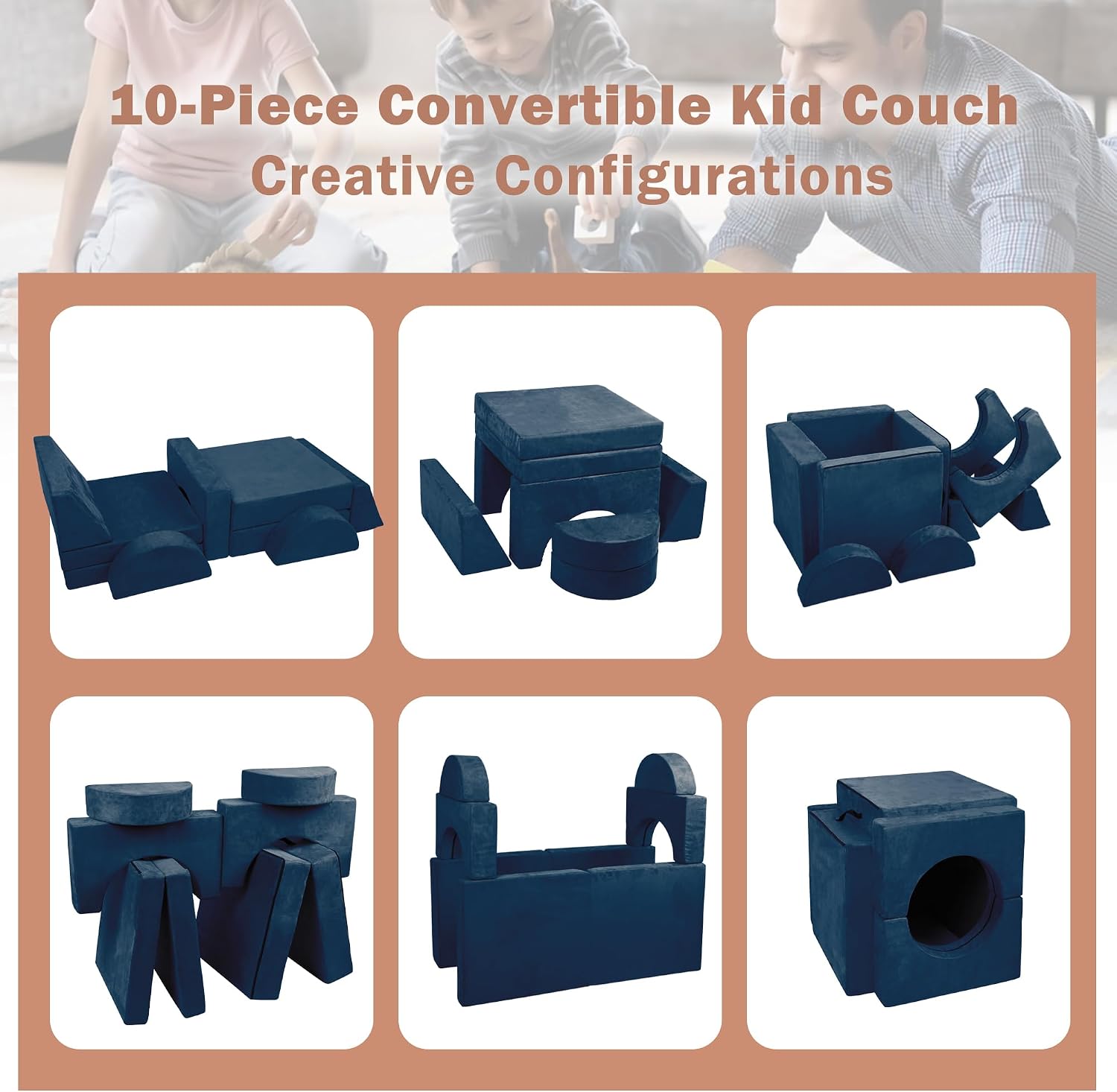 Betterhood Modular Kids Play Couch, 10PCS Child Sectional Sofa Imaginative Furniture Play Set for Creative Kids, Toddler to Teen Bedroom Furniture, Girls and Boys Playroom Convertible Sofa, Blue