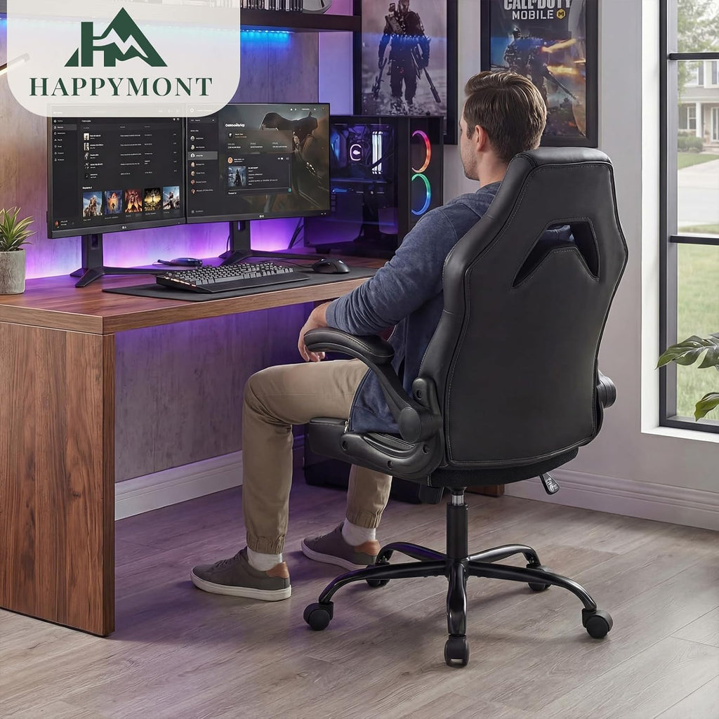 Ergonomic Computer Game Desk Chair - PU Leather Lumbar Support, Height Adjustable High Back Video Game with Flip-up Armrest, Rolling Swivel for Adults, Deep Grey