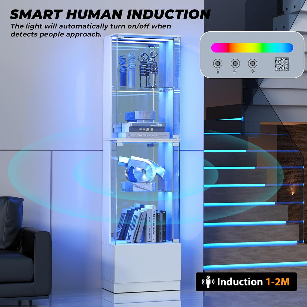 VersionTECH. Glass Display Cabinet, 4-Tier Curio Cabinet with RGB Lights for Collectibles, Corner Display Case with Drawers, Adjustable Glass Shelves, Human Body Sensor, Mirror Backing, White