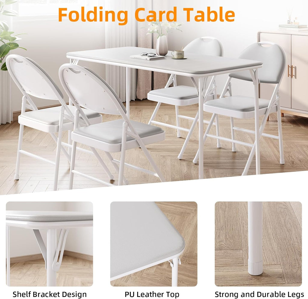 IDEALHOUSE 4 Feet Folding Table, Protable Foldable Card Table, Gray | Metal Legs Support, Upholstered PU Leather Tabletop, Heavy Duty, No Assembly Required, Perfet for Indoor and Outdoor