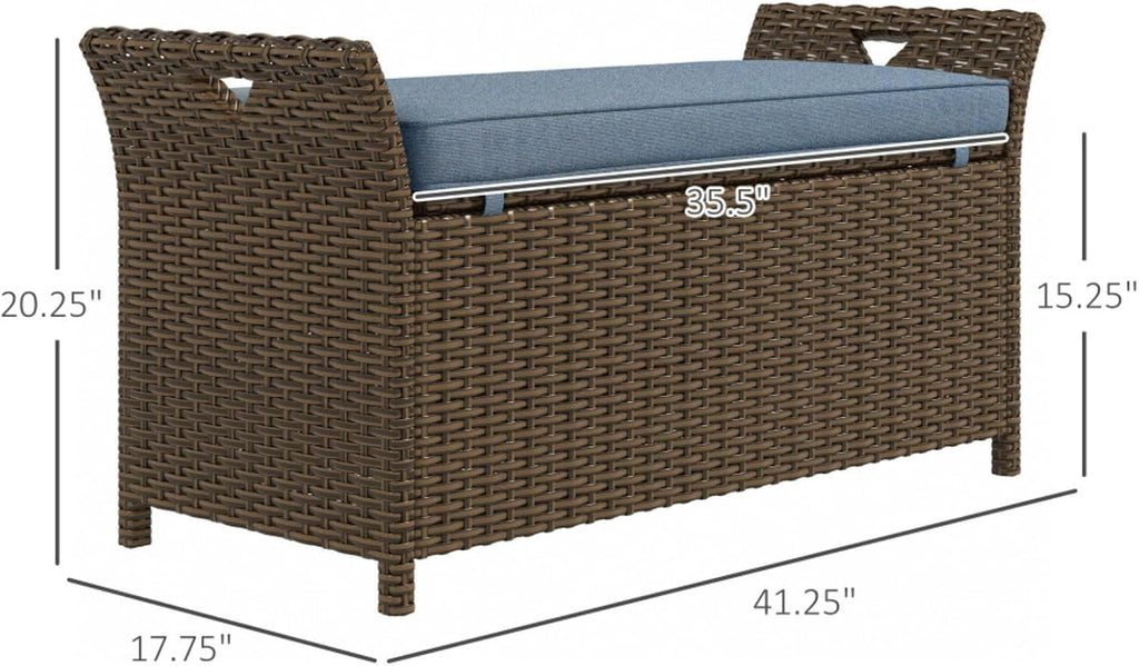 Patio Wicker Storage Bench with PE Rattan & Durable Aluminum Frame for Poolside, Lawn, Outdoor Rectangle Garden Storage Box with Handles and Cushion for Garden, Balcony, Living Room