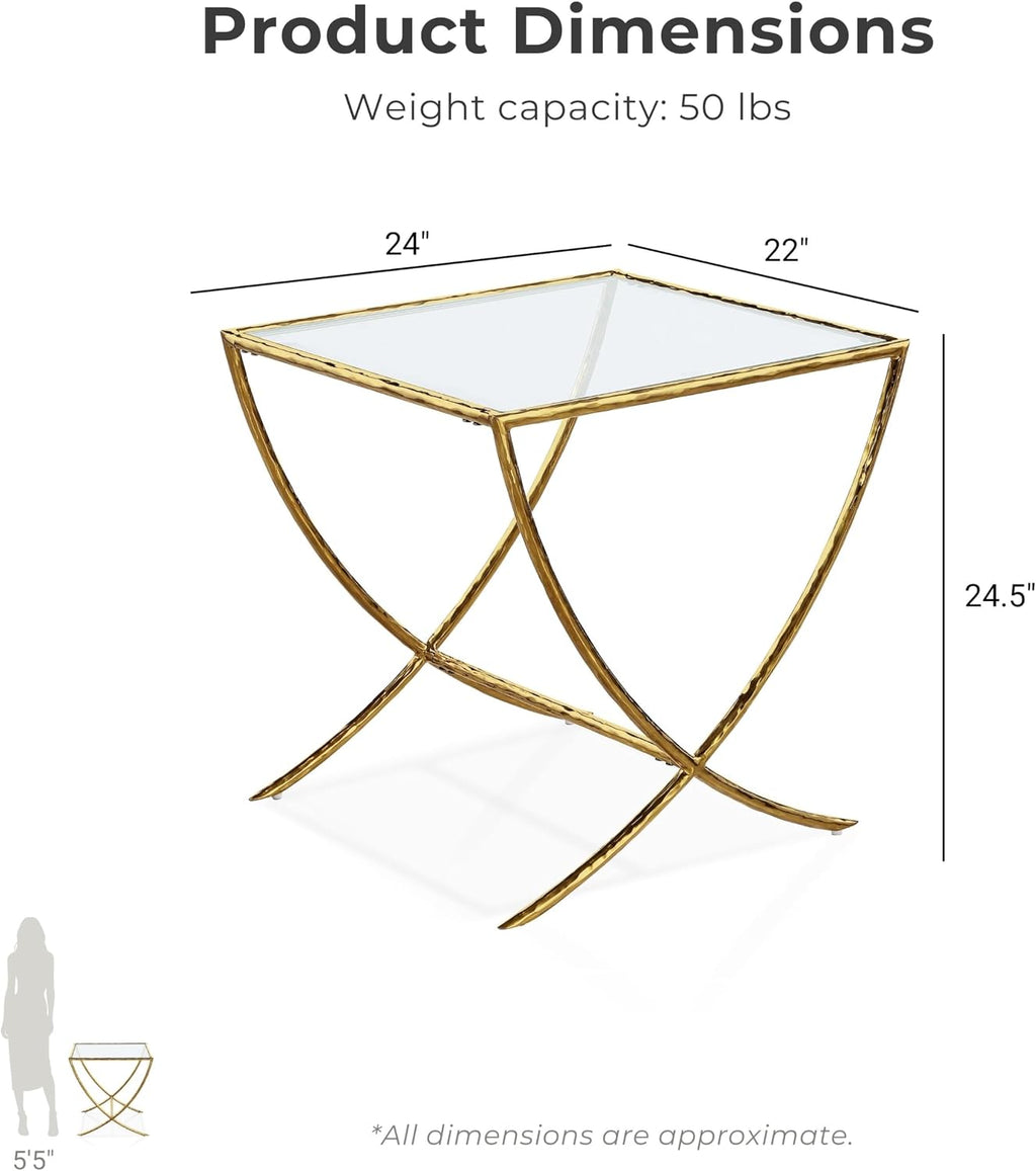 Furniture of America Zayen Glam 22-inch Metal Side Table with Tempered Glass Tabletop and Curved Base, Hammered Stainless Steel Frame for Bedroom, Living Room, Home Office, Gold