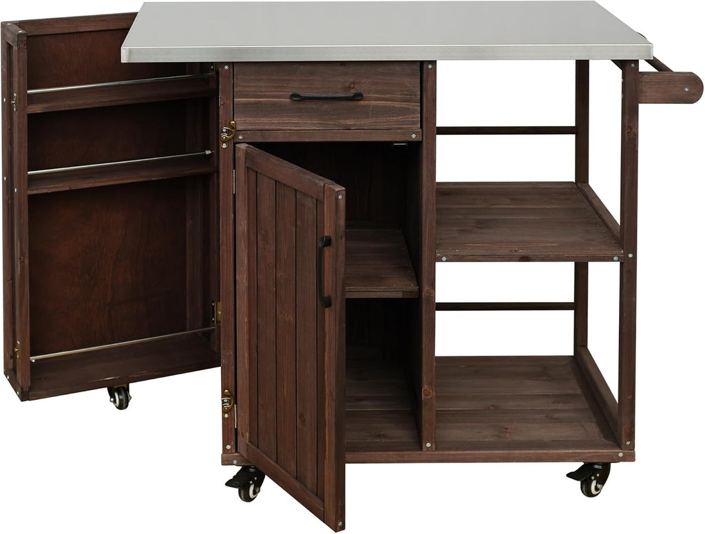 40 Natural Fir Wood Garden Table for Planting, Planter Bench with Stainless Top, Outdoor Storage Cabinets with Lockable Wheels for Backyard Gardening, Dark Brown