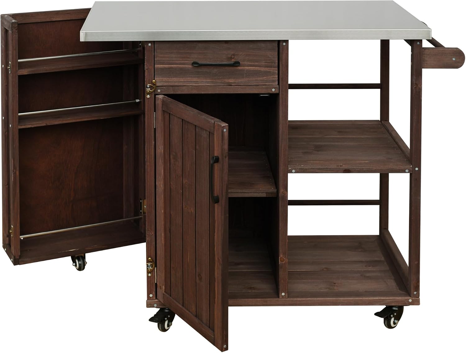 40 Natural Fir Wood Garden Table for Planting, Planter Bench with Stainless Top, Outdoor Storage Cabinets with Lockable Wheels for Backyard Gardening, Dark Brown