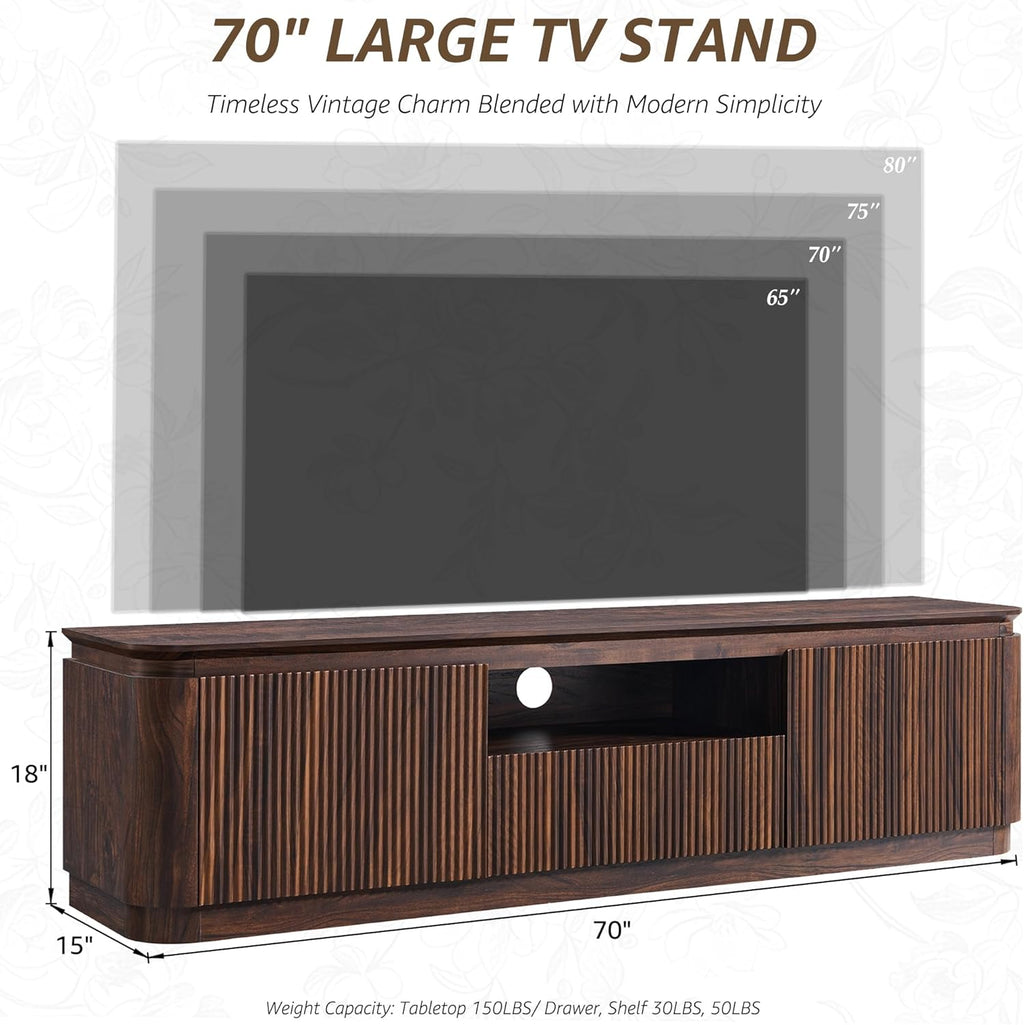 70" Fluted TV Stand for TVs Up to 80", Mid Century Modern Entertainment Center with Drawer, Storage Cabinet, Open Shelf, Wood Low Profile Media TV Console for Livingroom, Dark Walnut