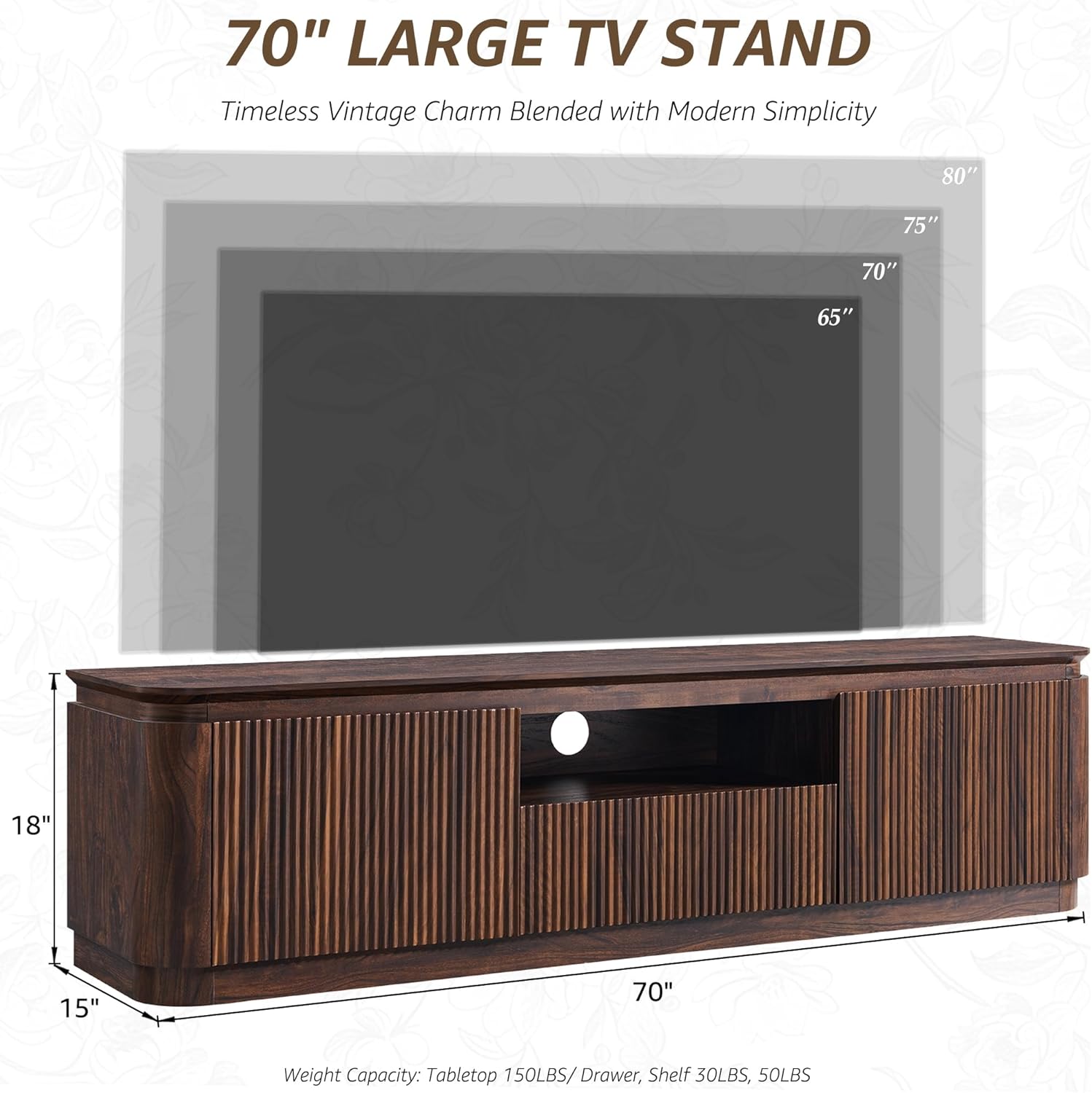 70" Fluted TV Stand for TVs Up to 80", Mid Century Modern Entertainment Center with Drawer, Storage Cabinet, Open Shelf, Wood Low Profile Media TV Console for Livingroom, Dark Walnut
