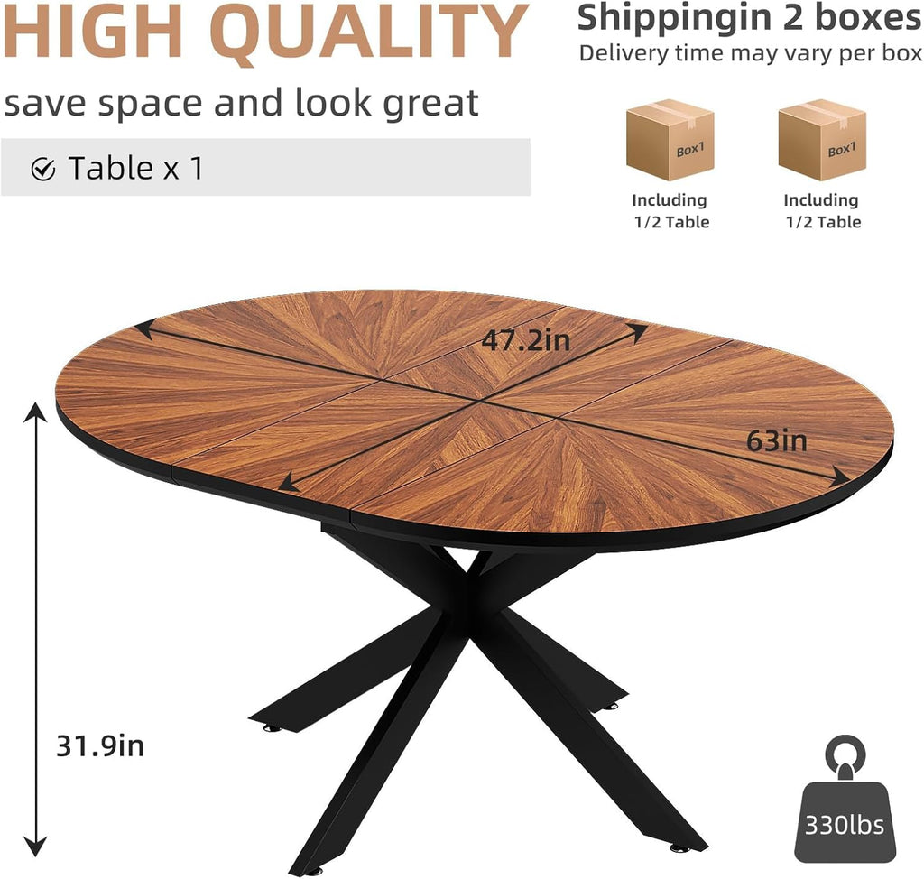 KEIKI 47.2"-63" Extendable Round Dining Table for 4-6, Modern Wooden Kitchen Table with Removable Leaf, Solid Wood Oval Dinner Tables for Dining Room Living Room, Walnut