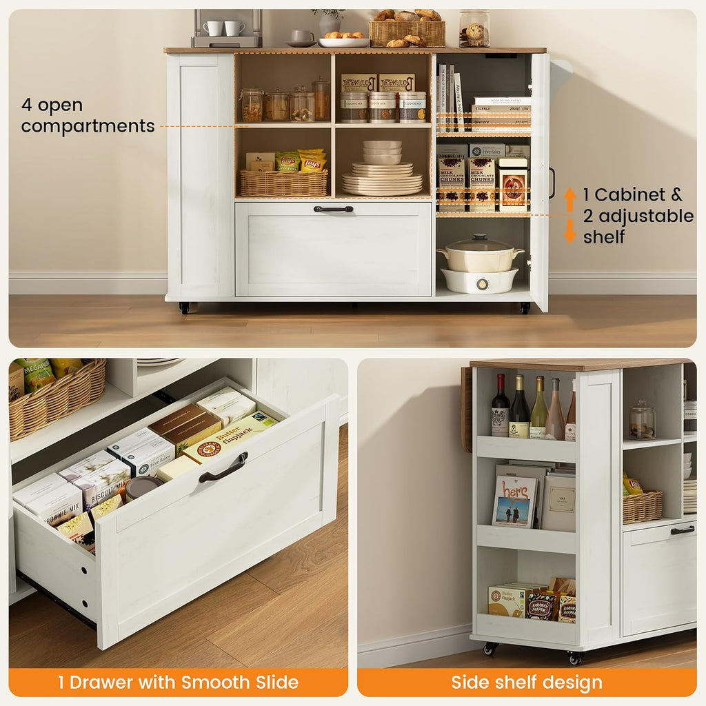 51" Kitchen Island with Storage & Drop Leaf, Farmhouse Rolling Kitchen Island on Wheels with Power Outlet, Spice Rack,Portable Island Table with Drawer & Cabinet for Kitchen, White