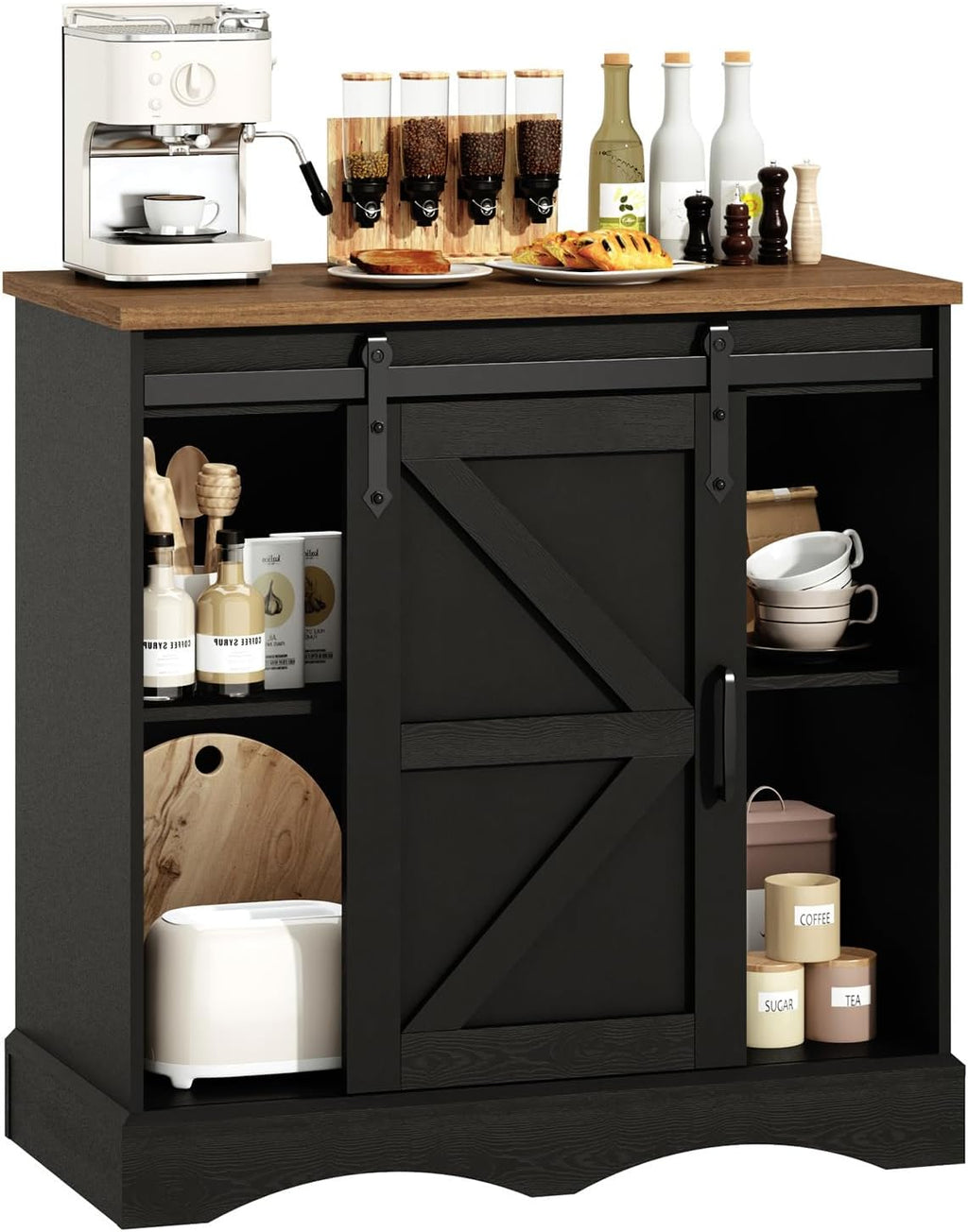 HOMFAMILIA 31.5" H Farmhouse Coffee Bar Cabinet w/Storage, White Kitchen Coffee Station with Sliding Barn Door, Rustic Buffet Cabinet with Adjustable Shelves, for Kitchen, Living Room, Black