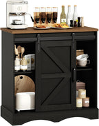 HOMFAMILIA 31.5" H Farmhouse Coffee Bar Cabinet w/Storage, White Kitchen Coffee Station with Sliding Barn Door, Rustic Buffet Cabinet with Adjustable Shelves, for Kitchen, Living Room, Black
