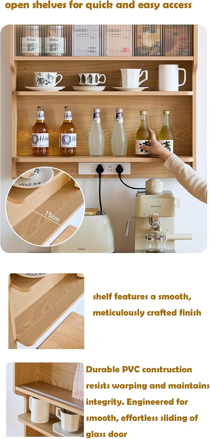 Wood Wall Mounted Pantry Cabinet with Doors, 4-Tier Kitchen Cabinet & Coffee Bar Storage for Dining Room, Living Room