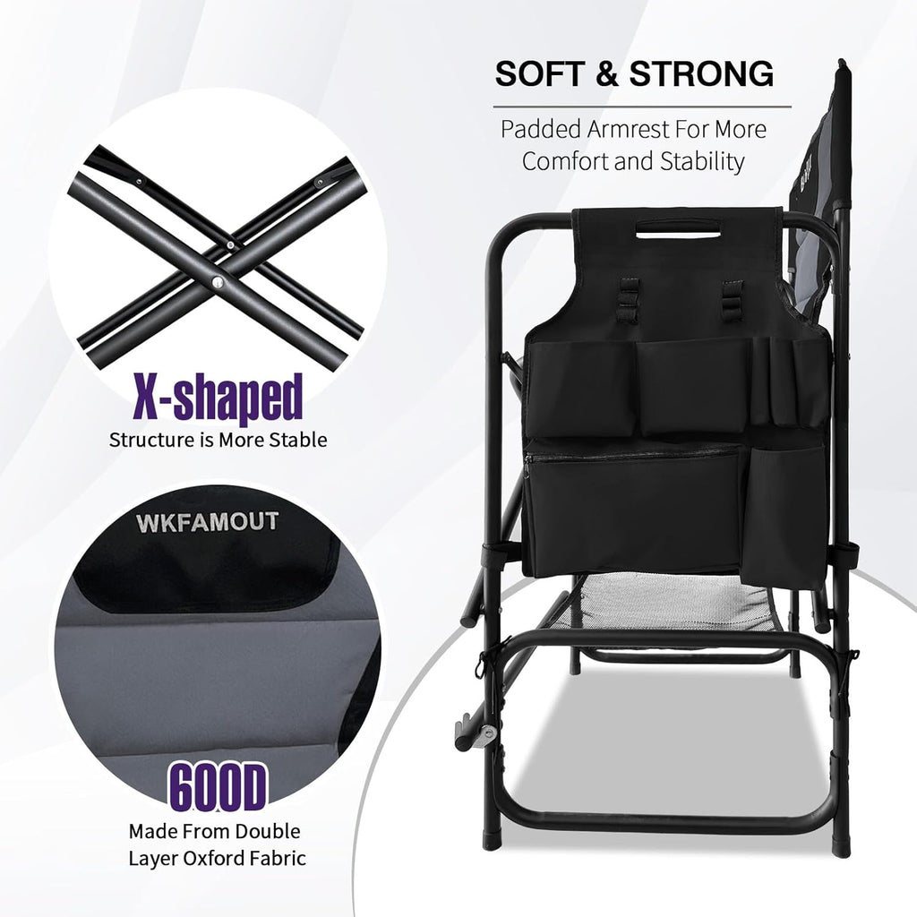 Tall Folding Directors Chair with Side Table 30.71" Seat Height Foldable Camping Chair Bar Stool for Makeup Artist Face Painting with Footrest and Storage Pocket Supports 350LBS