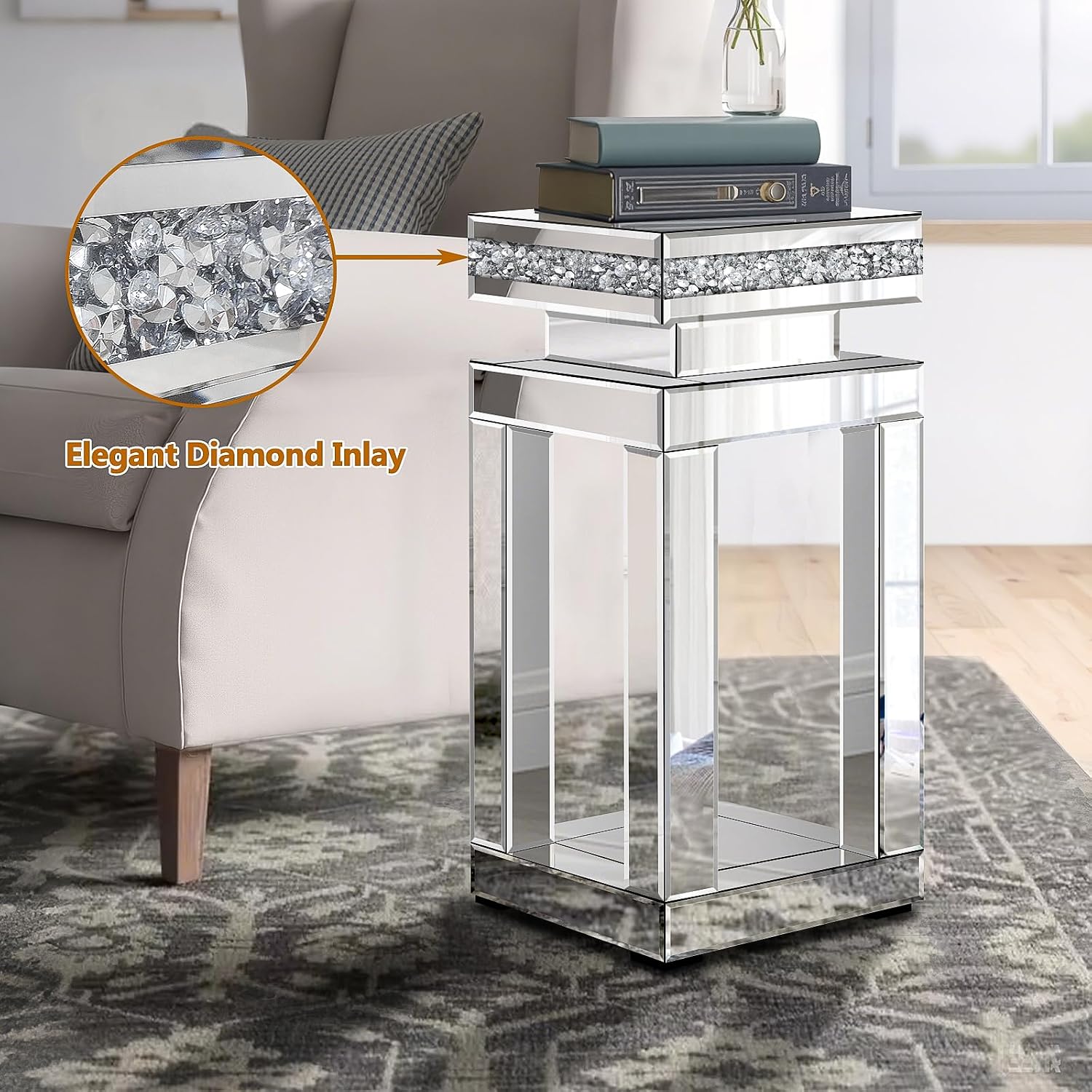 Silver Mirrored End Table, Modern Crushed Diamond Accent Tables, Small Side Coffee Table for Living Room, Bedroom, 11.8"x11.8"x23.6"
