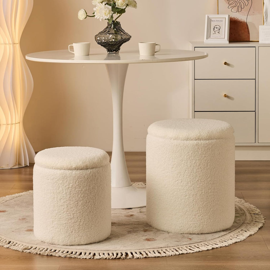 BLEXA Round Ottoman with Storage Set of 2-Upholstered Sherpa Vanity Stool for Makeup Multifunctional Ottomans Coffee Table Padded Seat Foot Rest for LivingRoom&Bedroom(Sherpa White)