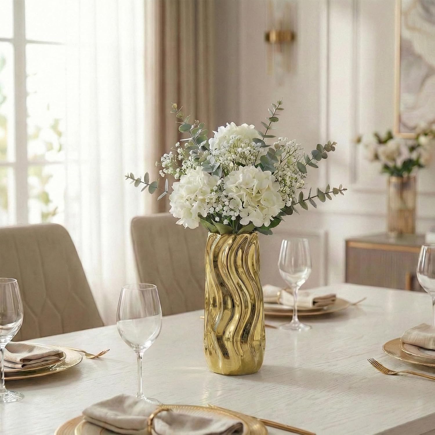 7.5" Gold Ceramic Vase - Minimalist Gold Flower Vase, Small Pampas Grass Vase, Boho Decorative Centerpiece Vase for Home Decor, Wedding, Housewarming, Table, Shelf, Mantel, and Entryway