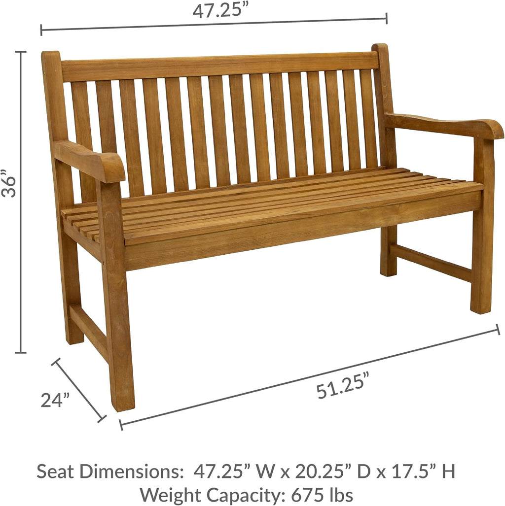 Sunnydaze Outdoor Bench for Patio, Front Porch, or Park - 2-Person Wooden Teak Garden Bench Seat - 675 lb Weight Capacity - 50"