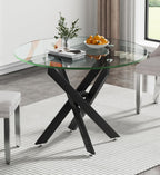 36" Round Glass Dining Table for 4, Circle Kitchen Table with Tempered Glass Top and Black Metal Cross Legs, Modern Small Glass Coffee Dinner Table for Kitchen Dining Room Apartment Office