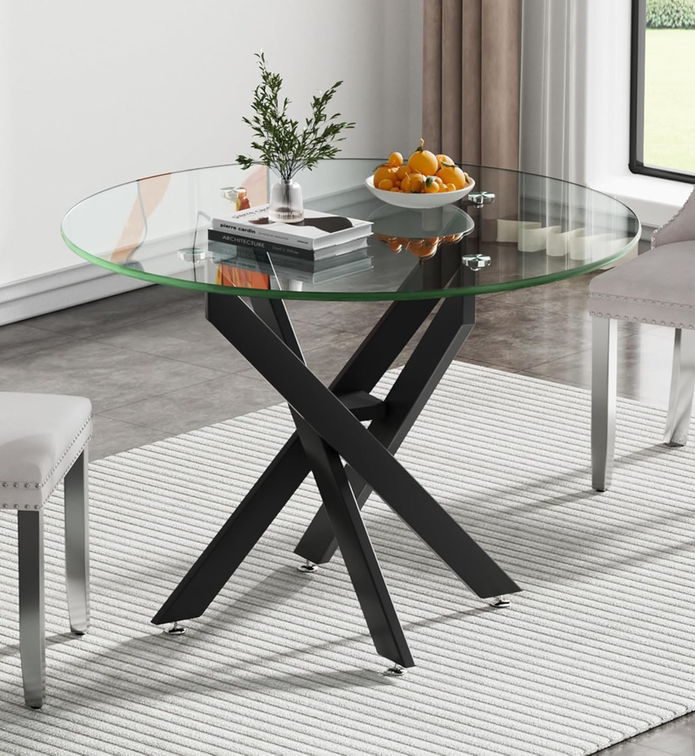 36" Round Glass Dining Table for 4, Circle Kitchen Table with Tempered Glass Top and Black Metal Cross Legs, Modern Small Glass Coffee Dinner Table for Kitchen Dining Room Apartment Office