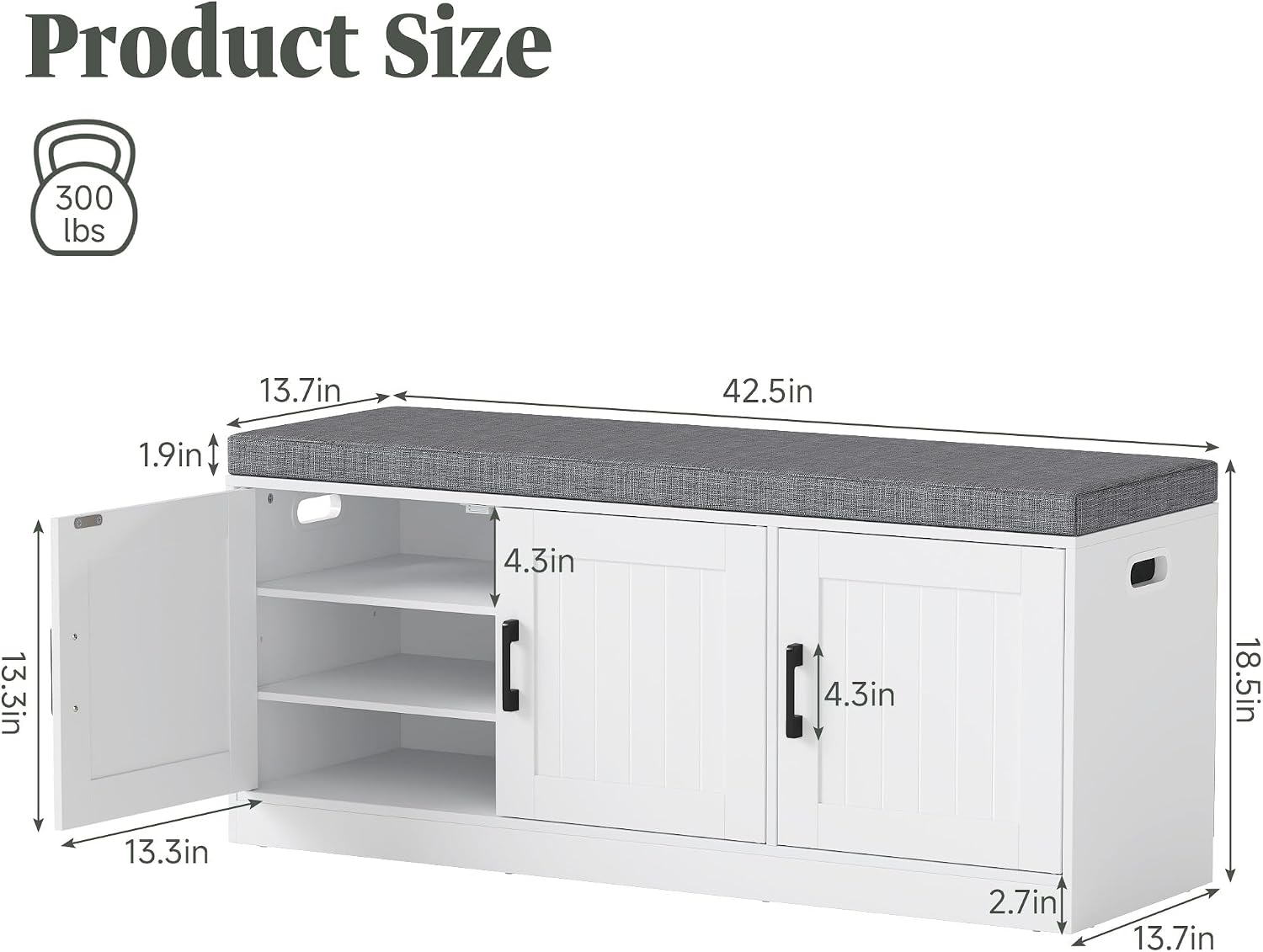 Turosur Shoe Storage Bench with Cabinet, 3-Tier Entryway Bench with Padded Seat Cushion, Shoe Cabinet Bench with 4 Adjustable Shelves for Bedroom, Mudroom, White