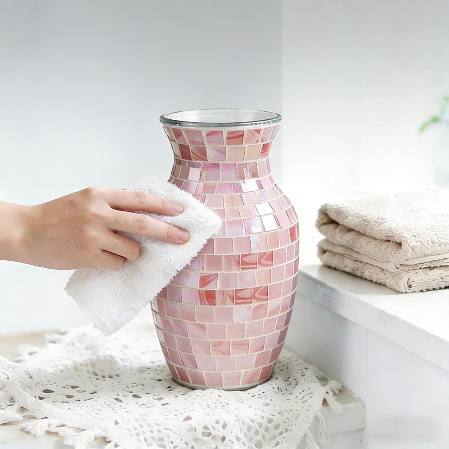 Pink Glass Vases for Flowers, Mosaic Vases Home Decor Glitter Handmade Modern Decorative Flower Holder for Home Table Decor Vase for Centerpieces Perfect for Office Living Room Banquet Wedding Gift