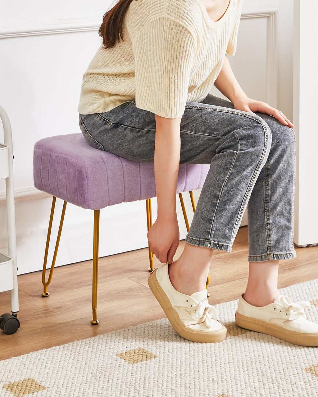 IBUYKE Velvet Rectangular Footrest Stool Ottoman, Makeup Vanity Stool Side Table, Velvet Dressing Table Seat, Pouf Couch Stool, Golden Steel Legs, Purple LG-51V
