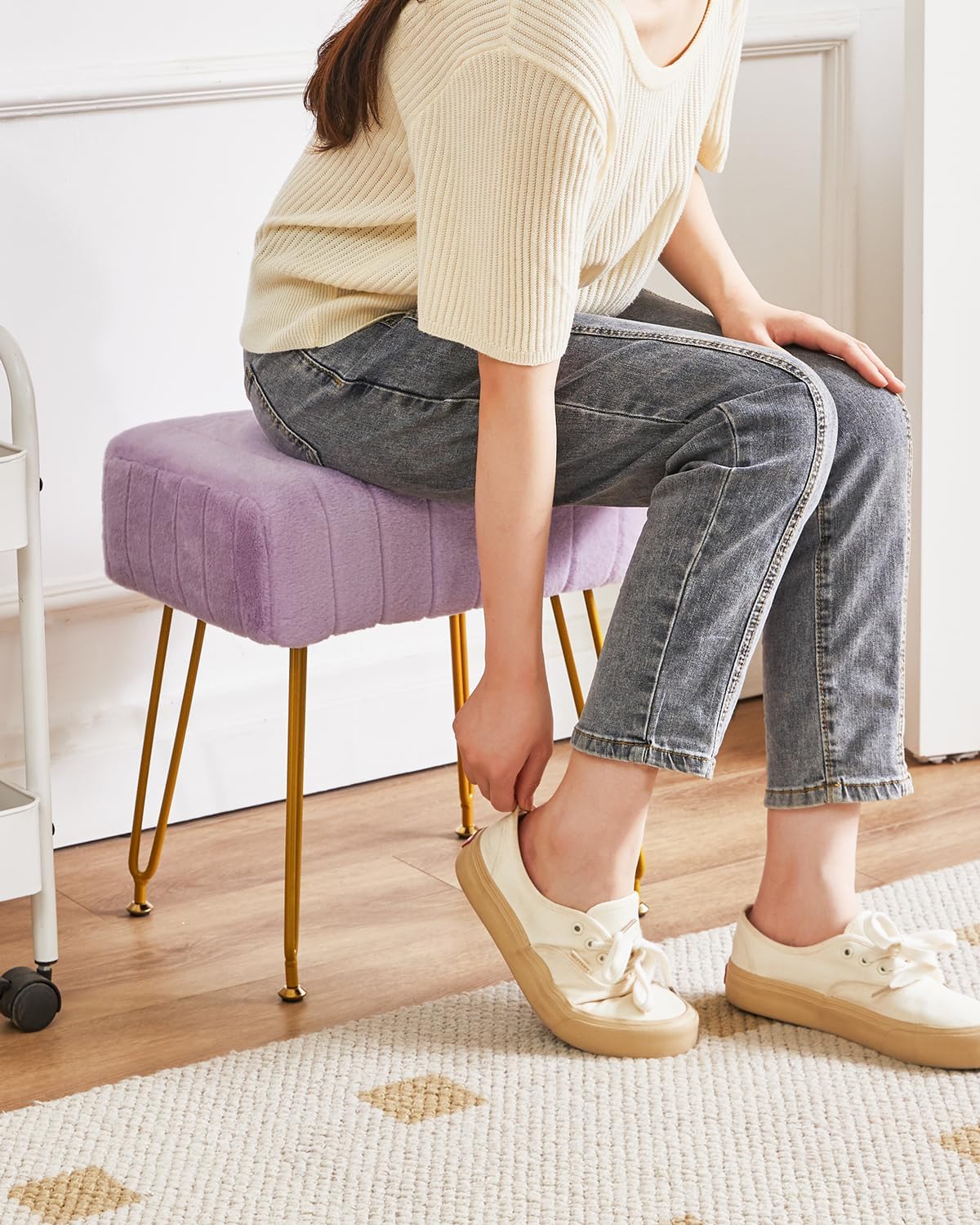 IBUYKE Velvet Rectangular Footrest Stool Ottoman, Makeup Vanity Stool Side Table, Velvet Dressing Table Seat, Pouf Couch Stool, Golden Steel Legs, Purple LG-51V