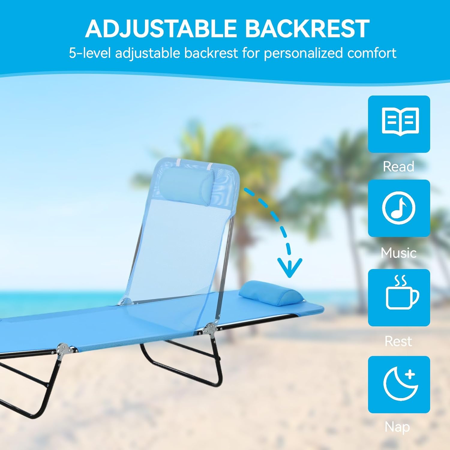 Outdoor Chaise Lounge with Detachable Pillow, Reclining Folding Chair with 5-Position Adjustable Back, Portable Tanning Chair for Beach, Pool, Lawn, Breathable Mesh Seat, No Assembly