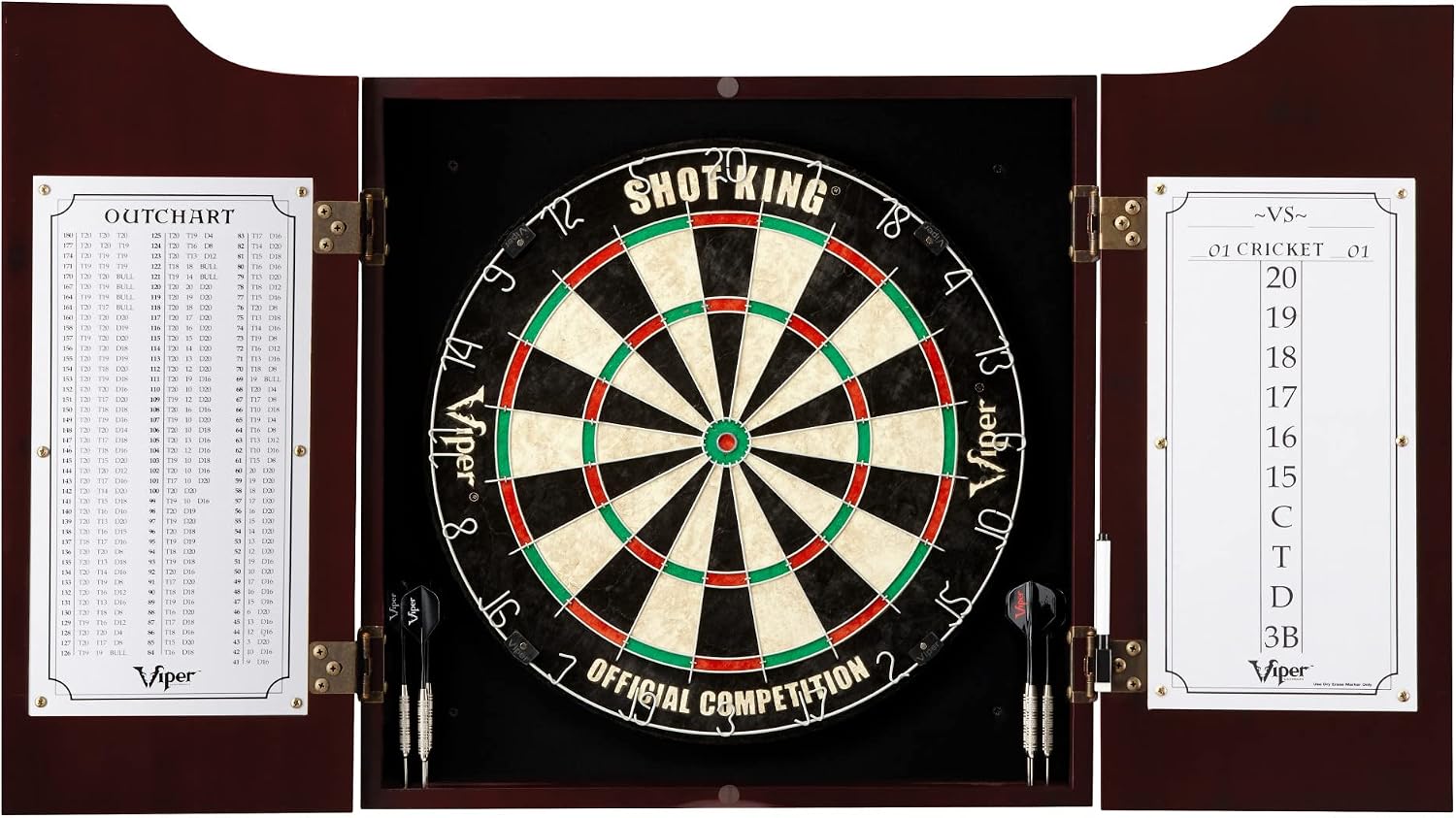 Viper Hudson Solid Wood Cabinet for Sisal/Bristle Steel Tip Dartboard with Dry Erase Scoreboard and Out-Chart, Mahogany Finish