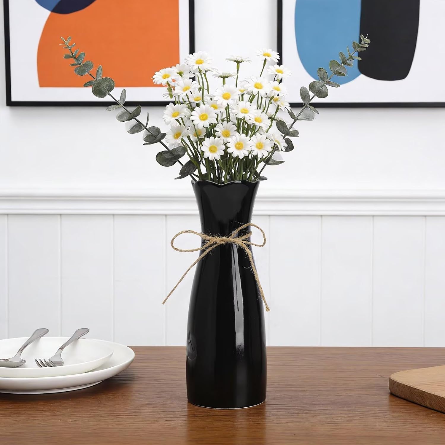 Small Vase Black Ceramic Jute Rope Simple Vases for Home Decor Minimalist Modern Flower Vase Elegant Decorative Glossy Vase for Pampas Grass, Office, Living Room, Mantel and Bedroom Décor
