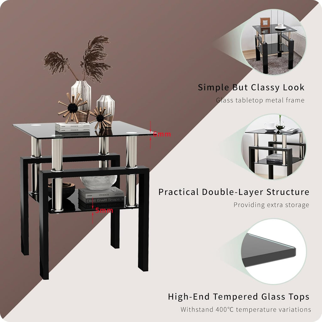Black Glass Coffee Table Set of 3 Piece, Living Room Tables Set of 3 Pcs, Including 1 Coffee Table and 2 End Side Tables, Metal Frame, Tempered Glass, for Small Space and Home office, Apartment