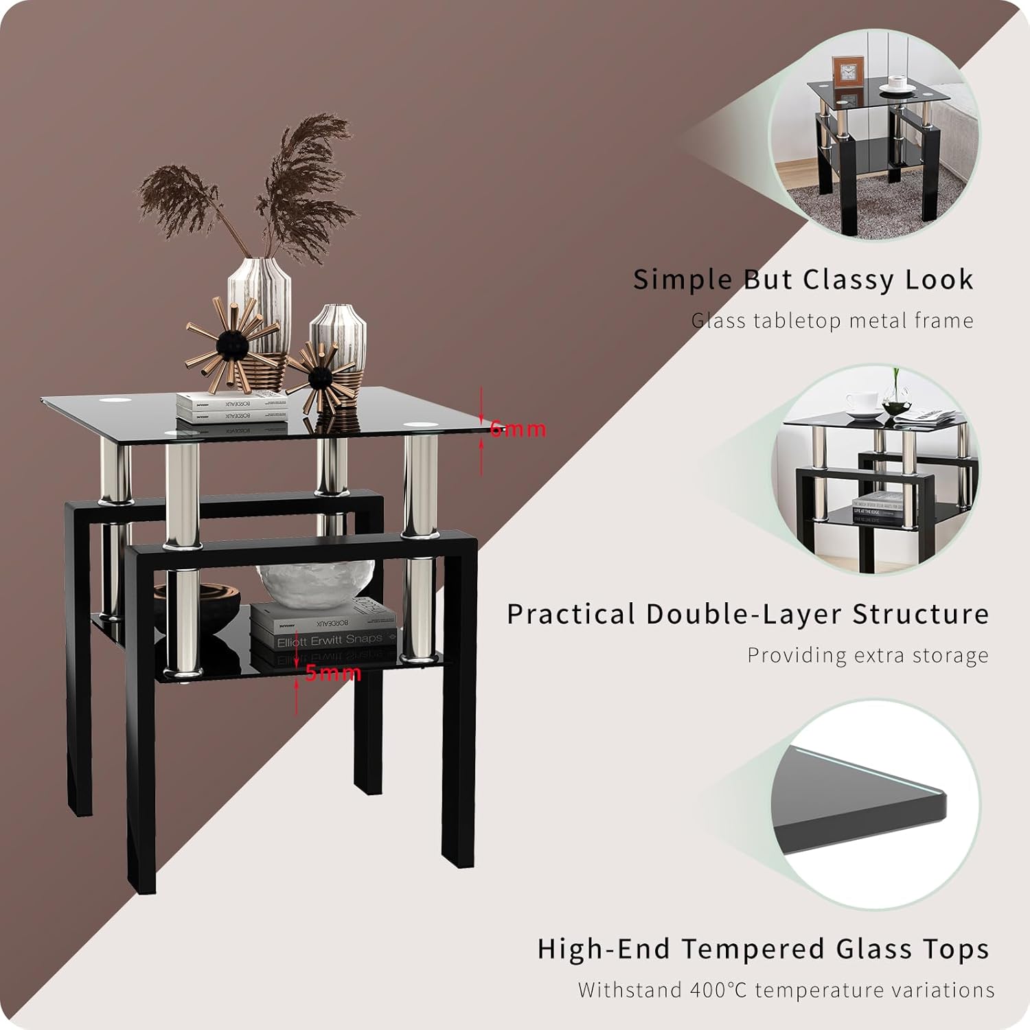 Black Glass Coffee Table Set of 3 Piece, Living Room Tables Set of 3 Pcs, Including 1 Coffee Table and 2 End Side Tables, Metal Frame, Tempered Glass, for Small Space and Home office, Apartment