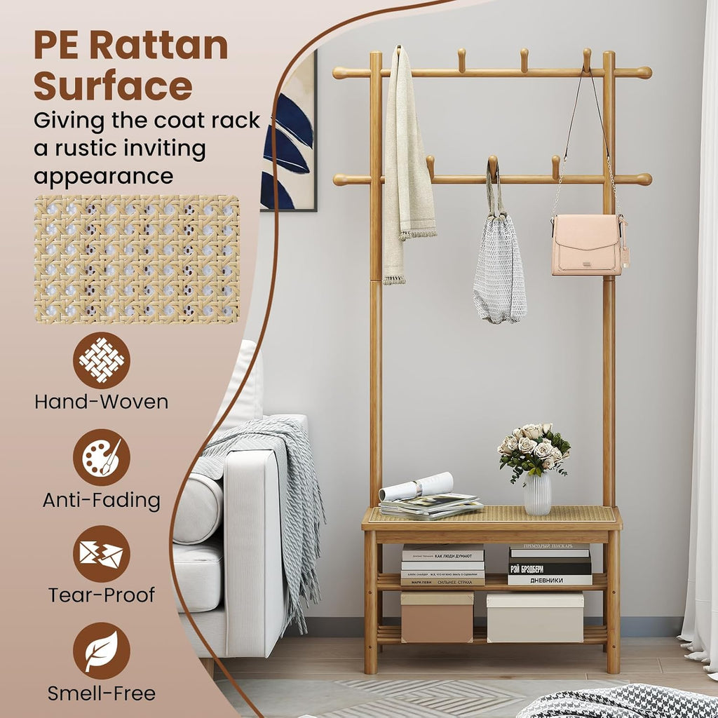 GIANTEX 3-in-1 Hall Tree with Bench and Shoe Storage, 11 Hanging Rods | Bamboo Coat Rack Freestanding w/ PE Rattan Bench & 3-Tier Shoe Rack, Narrow Mudroom Storage Organizer for Entryway Bedroom