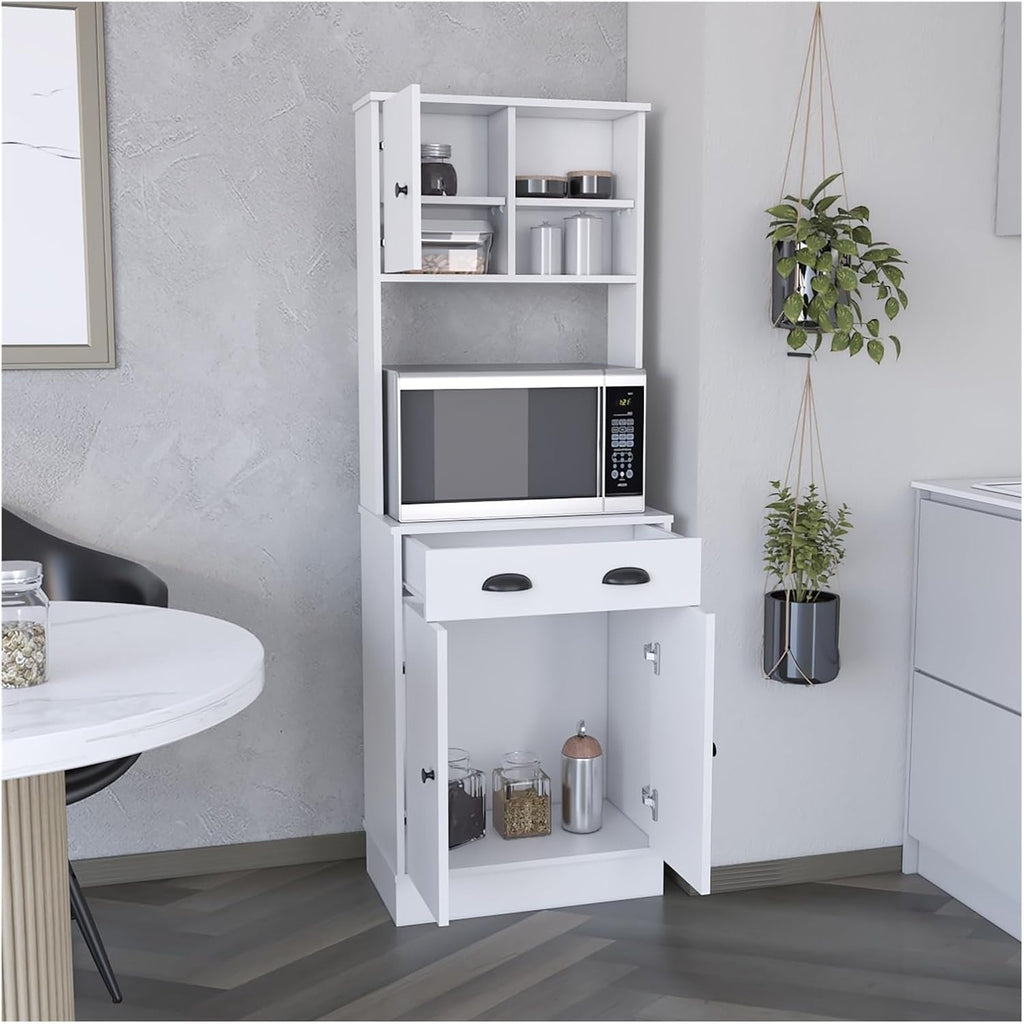 Kitchen Pantry 67" H, Two Cabinets, Three Doors, Two Open Shelves, One Drawer, Microwave Storage Option,for Kitchen